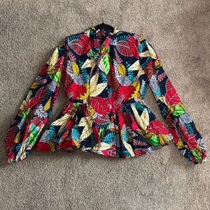 MAE OTTI Ankara Wax Print Multicolor Leaves Women's Peplum Bow Top, Size Medium